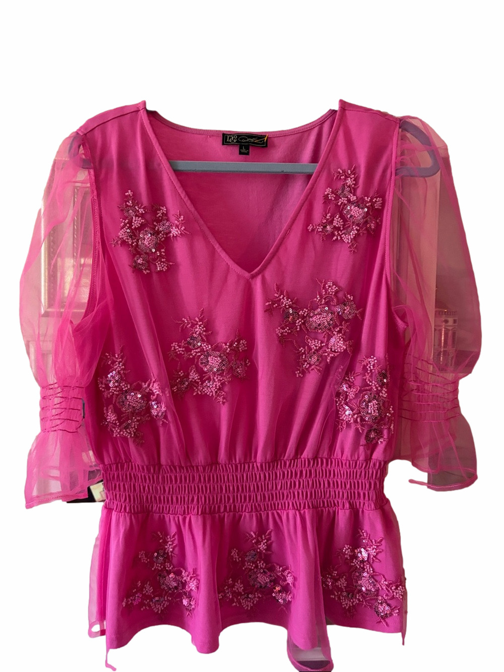 Barbie core sequin embellished mesh peplum blouse by Diane Gilman DGD2 L
